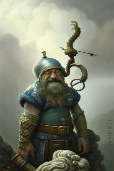 Fantasy Dwarf Resting After Dragon Battle in Grisaille Style