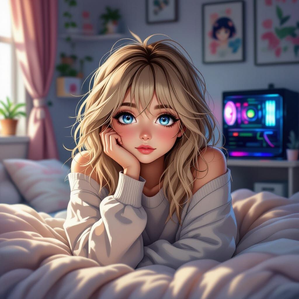 Hyperrealistic Gamer Girl in Anime Bedroom