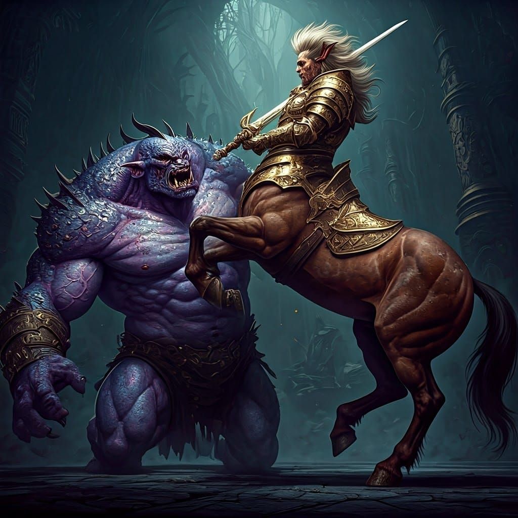 Epic Battle Between Centaur Warrior and Grotesque Ogre in Da...