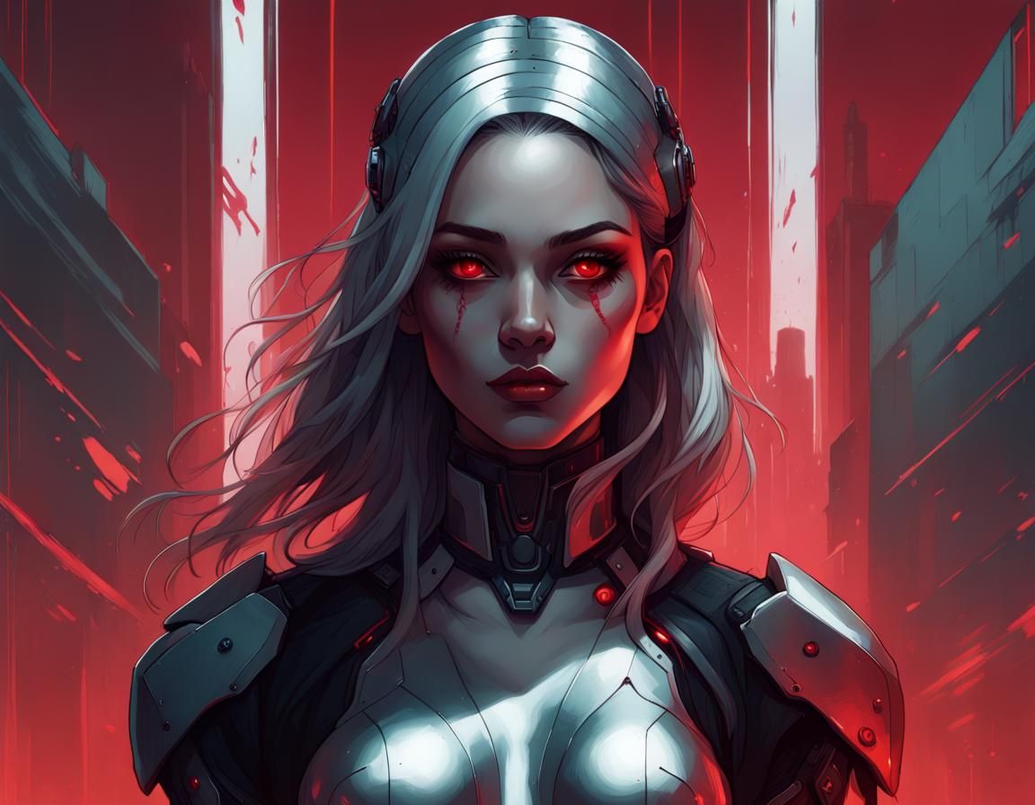 Cyborg Woman Portrait in Dark, Moody Style