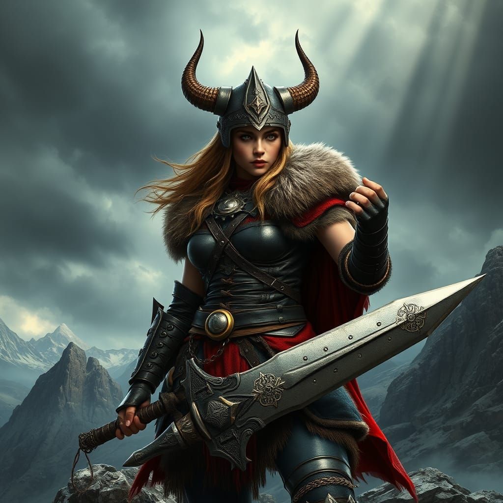 Viking Warrior Woman on Mountain Peak