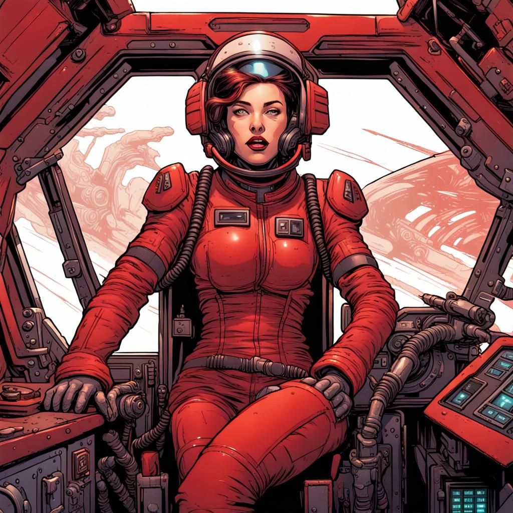 Distressed Female Mech Pilot in Red Cockpit