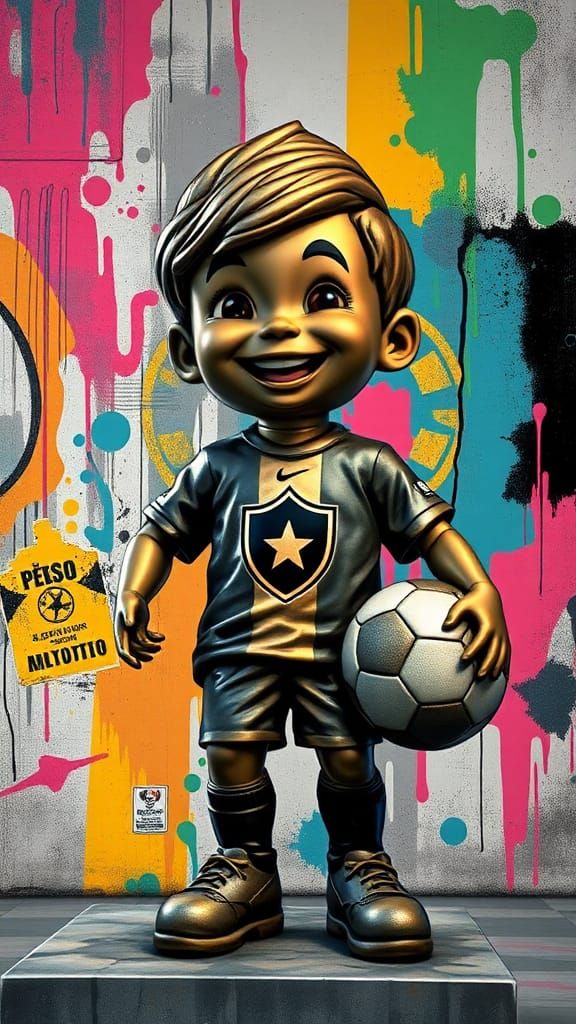 Bronze Statue of Boy Soccer Fan in Cartoon Street Art