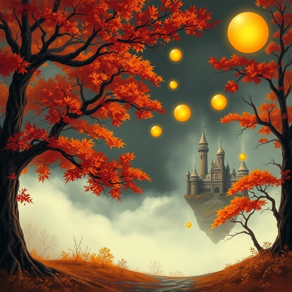 Surreal Autumn Landscape with Mystical Glowing Orbs
