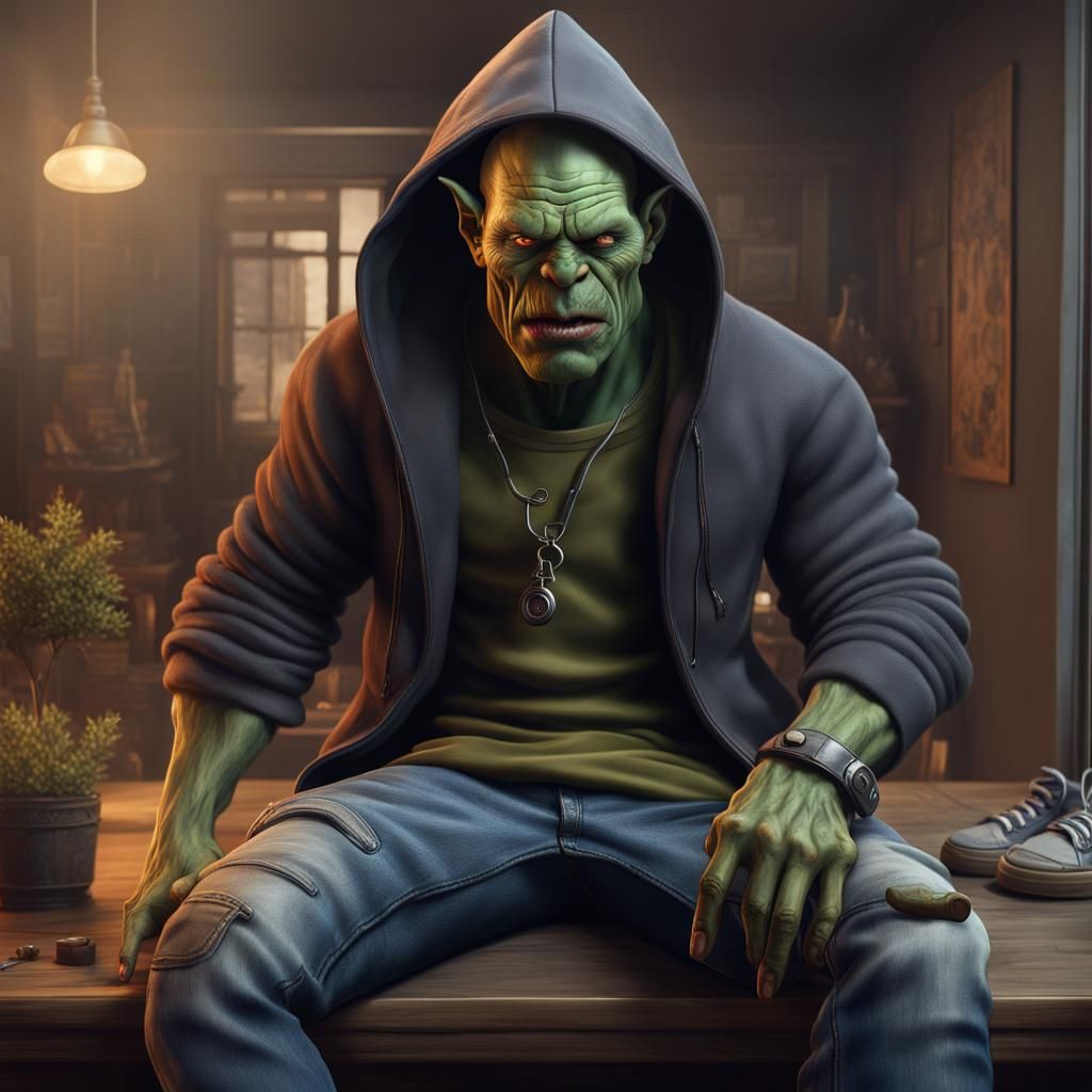Orc in Human Clothes Smoking in Apartment