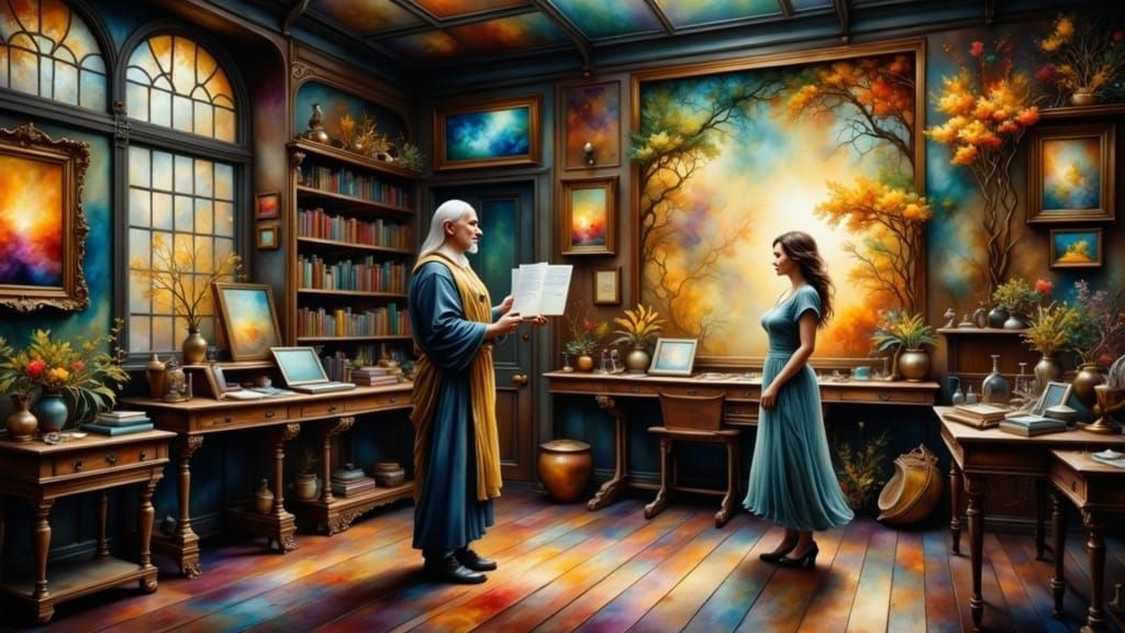 Wise Teacher in Vibrant Classroom as Expressive Art