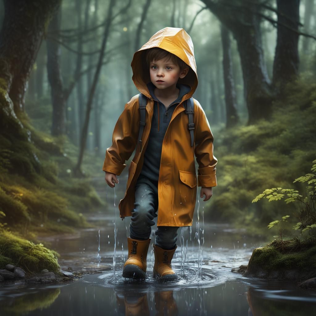 Boy in Rainy Forest: Detailed Matte Painting