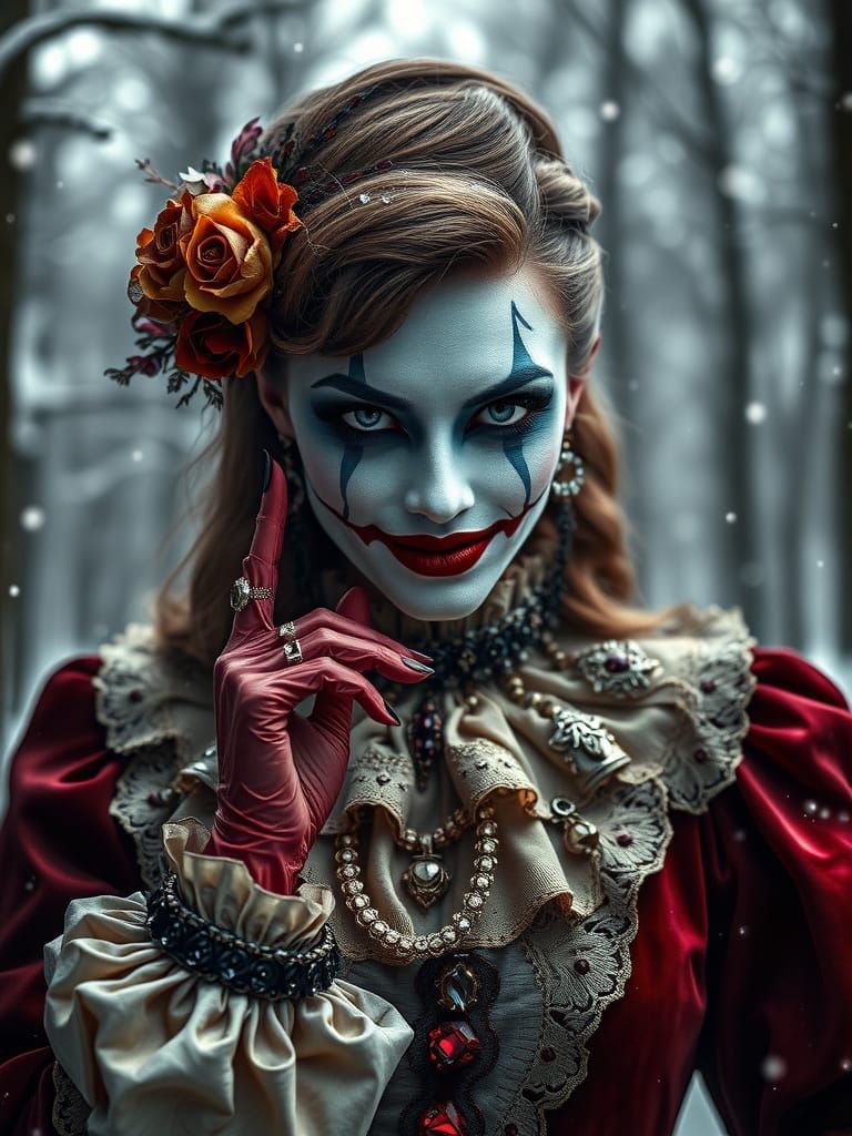 Harlequin Woman in Victorian Attire With Sinister Smile