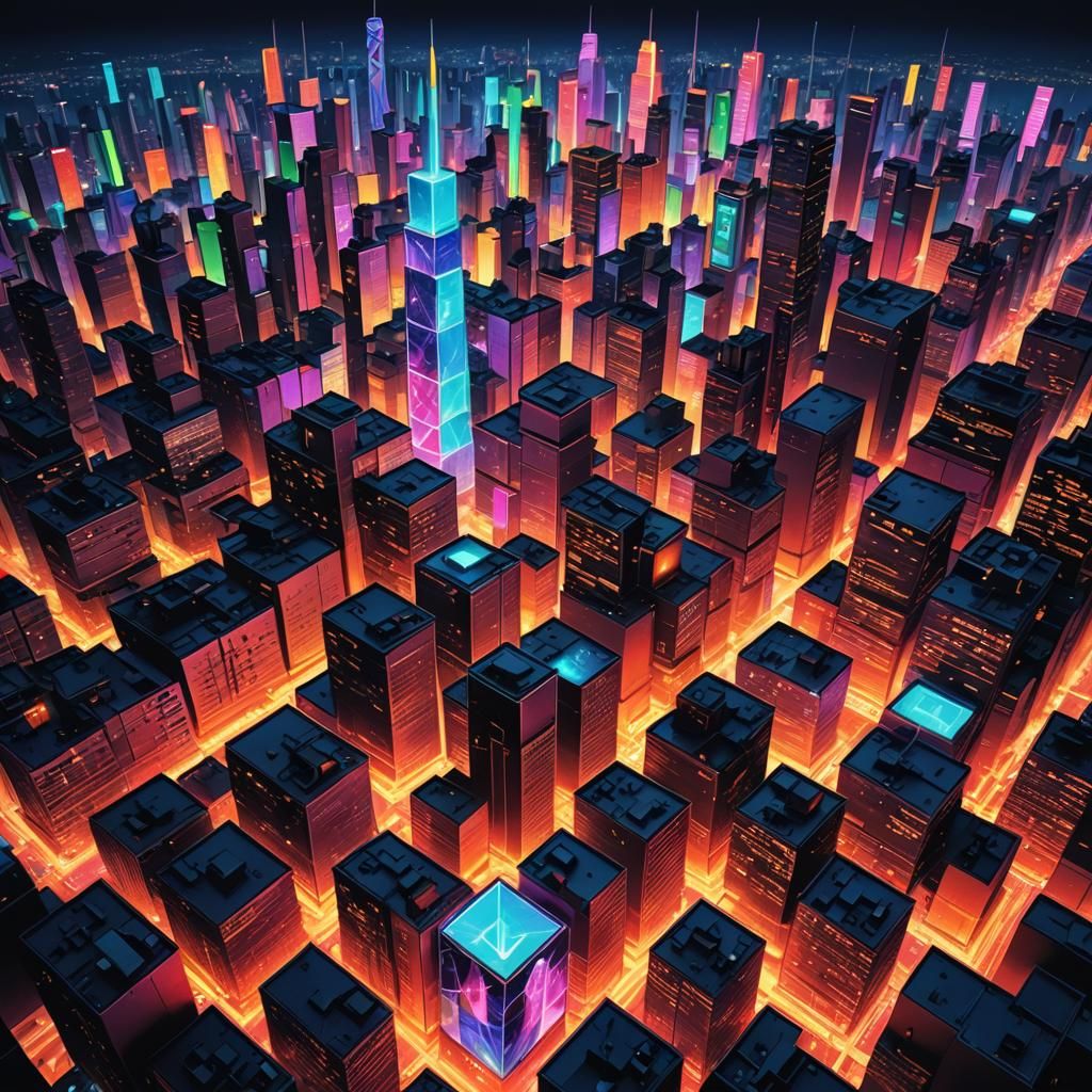 Neon Tetris Cityscape in Cyberpunk Style