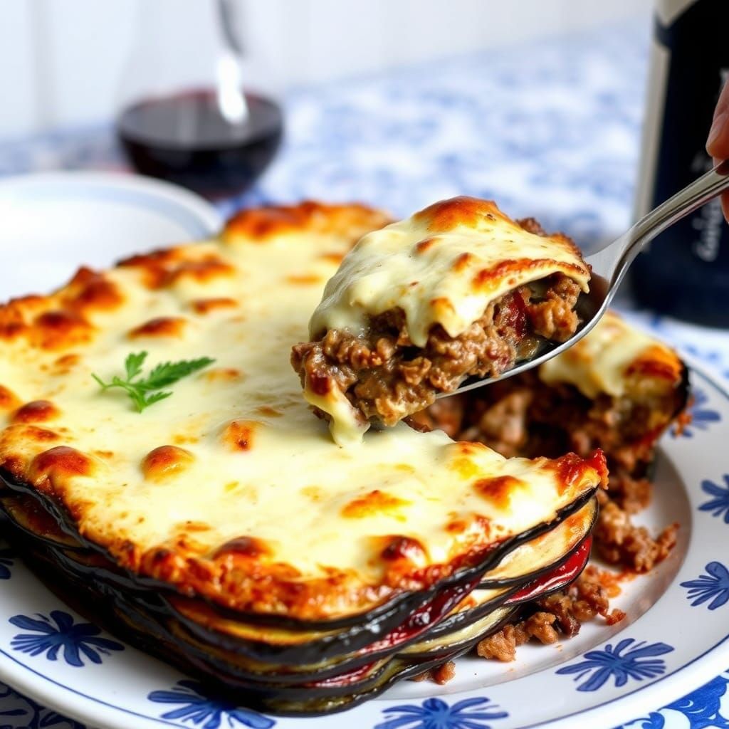 Traditional Greek Moussaka in Vibrant Taverna Style