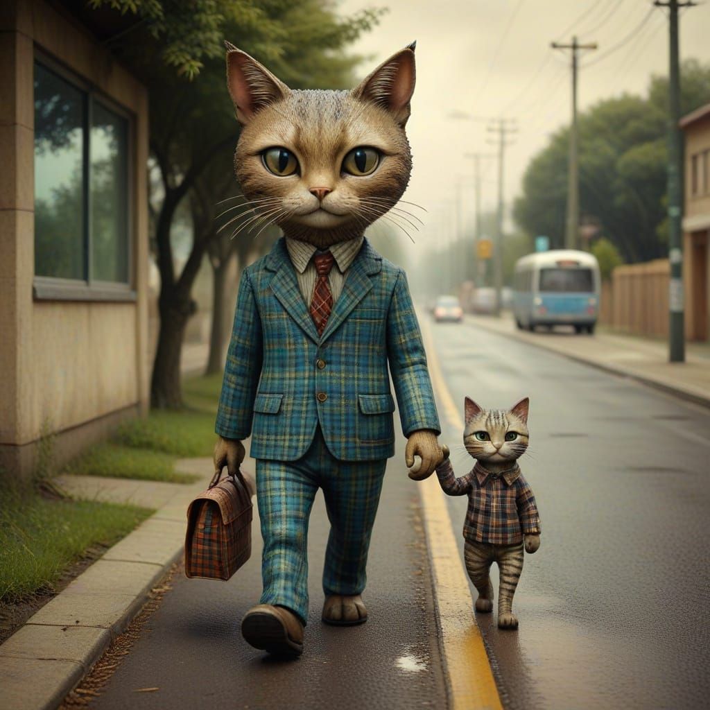 Surreal Roebuck Commutes in Plaid Suit with Feline Companion