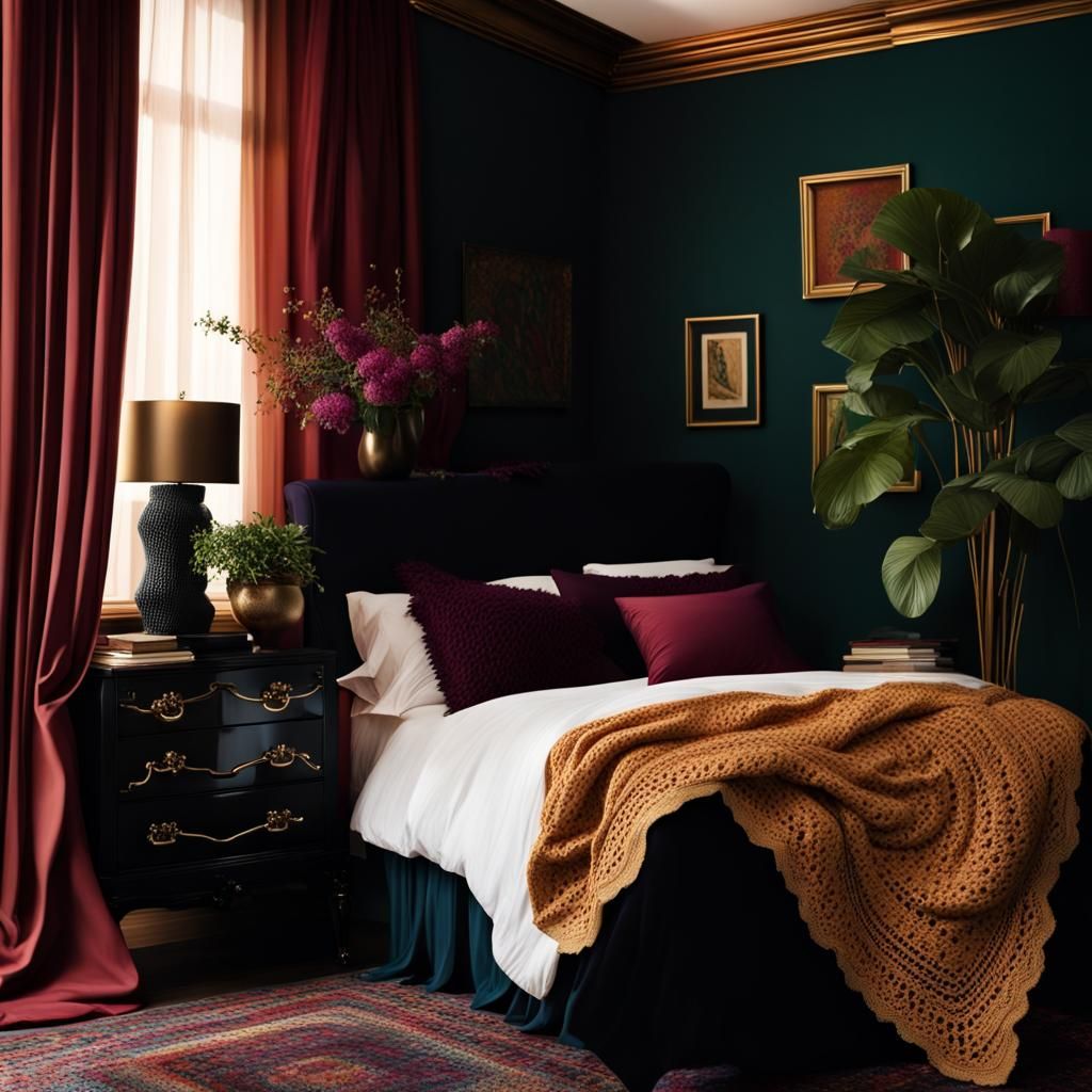 Jewel Toned Academia Bedroom with Crochet Curtains