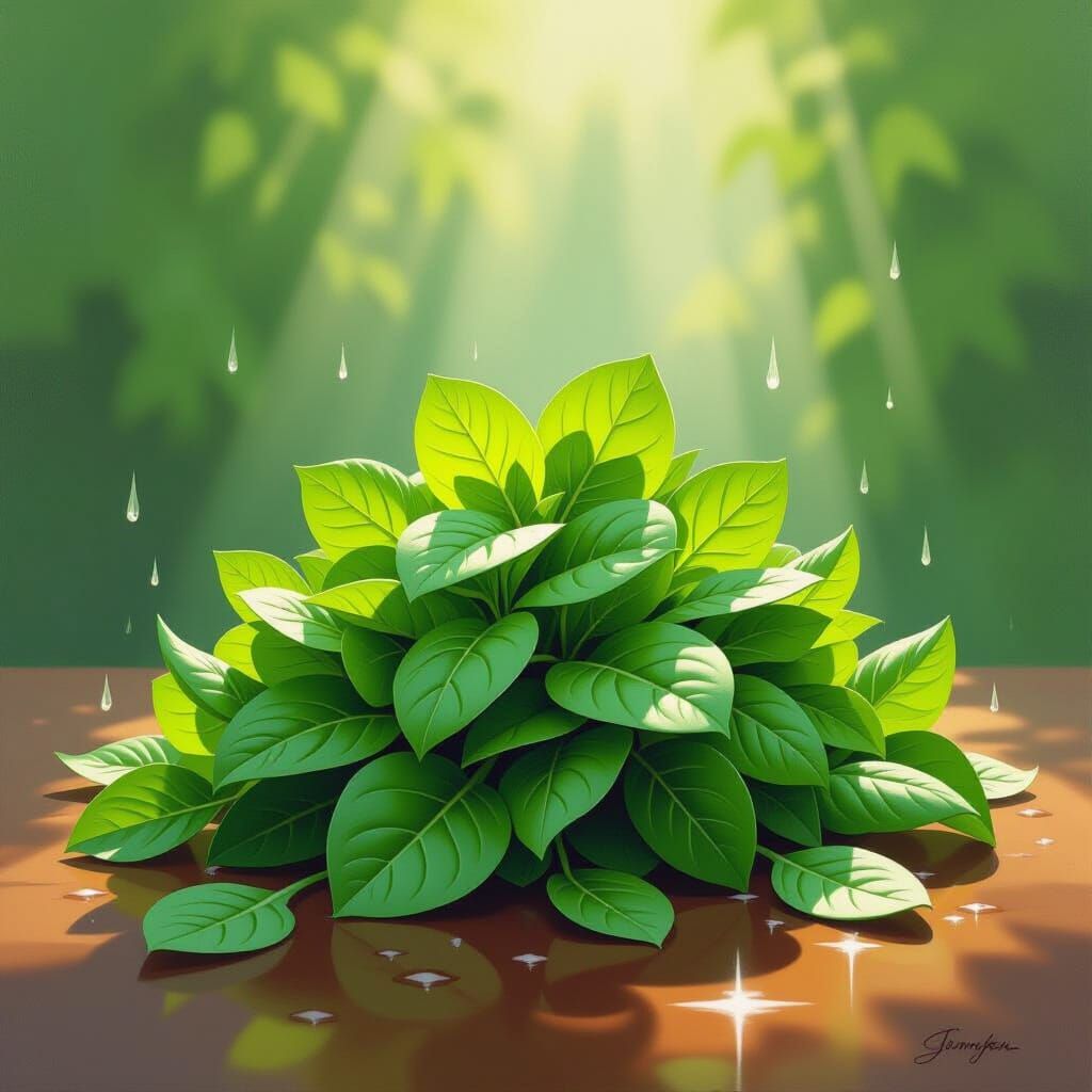 Vibrant Oil Painting of Glistening Fresh Greens