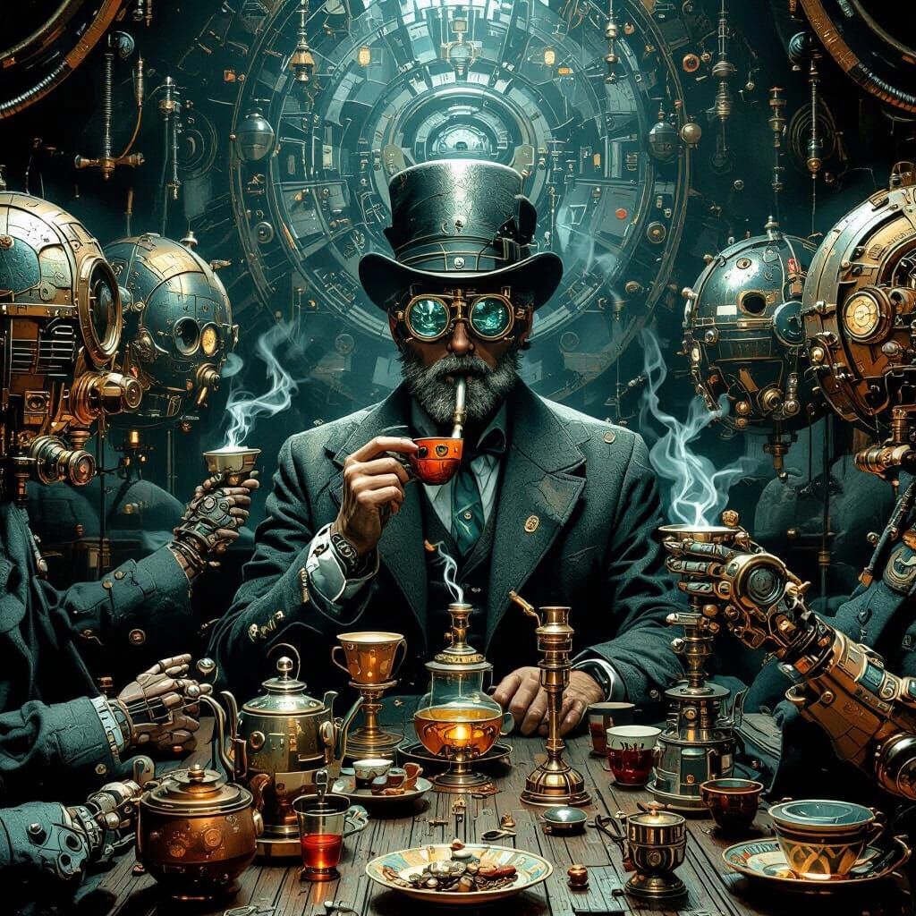 Steampunk Tea Ritual in Dimly Lit Fog