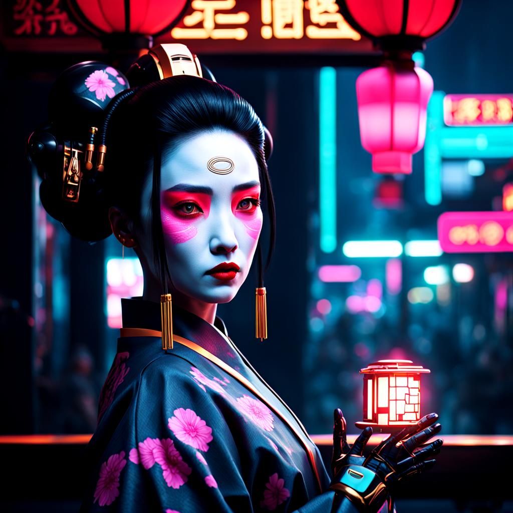 Astonished Robot Geisha in Cyberpunk Style
