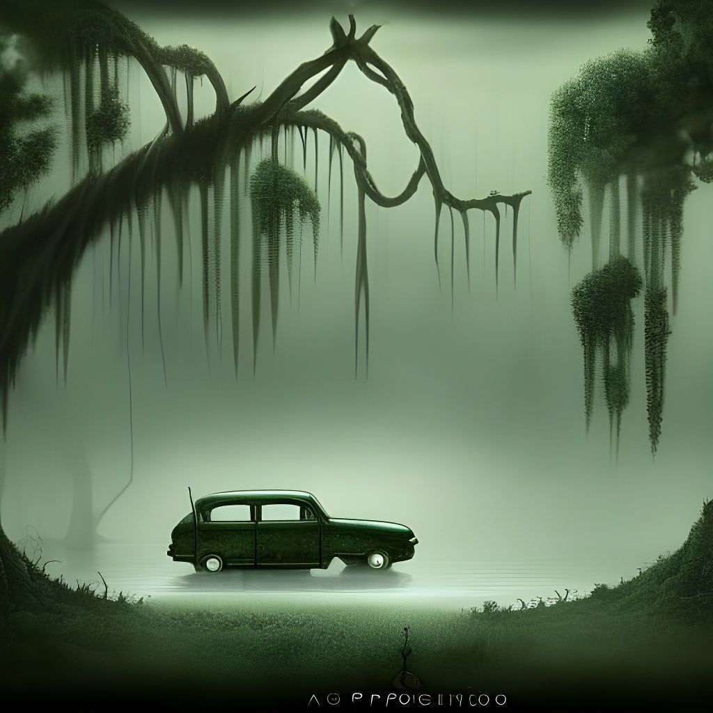 Foggy Swamp Lake with Car: Fantasycore Dungeonpunk Art