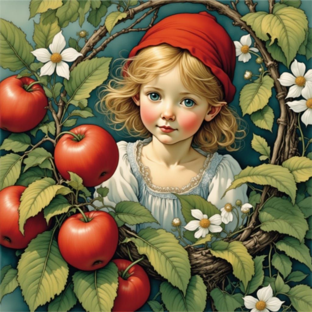 Whimsical Flower Elf Amidst Vibrant Apple Blossoms