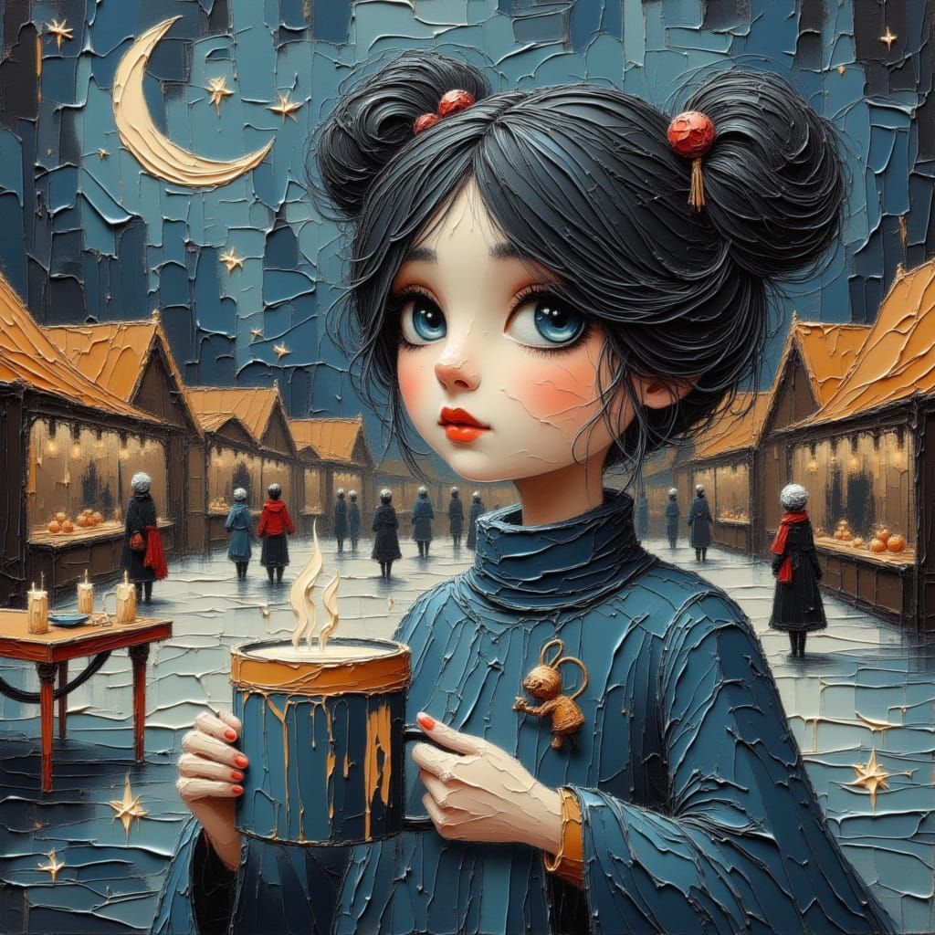 Girl in Blue Cloak at Winter Market