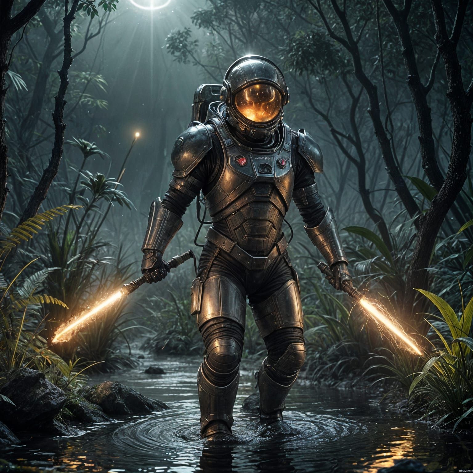 Astronaut Emerges from Alien Swamp with Glowing Staff in Cos...