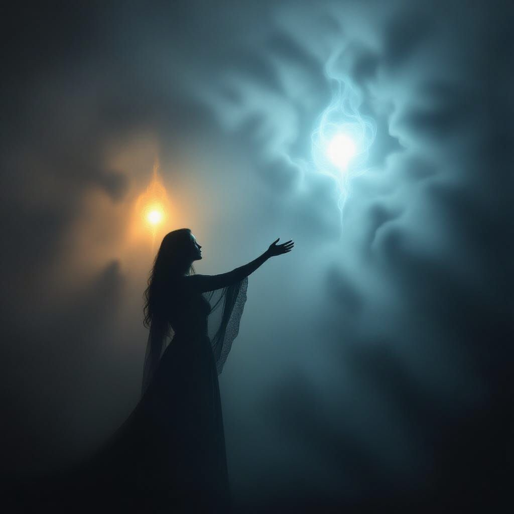 Woman Reaching into Darkness with Ethereal Light Sources