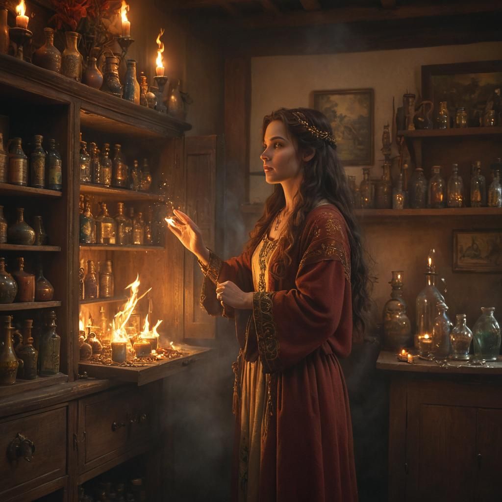 Ethereal Druid Conjures Magic Flames, Kinkade Style