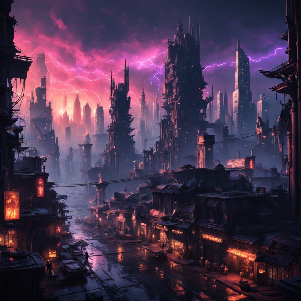Cyberpunk Metropolis at Sunset in Vibrant Hues