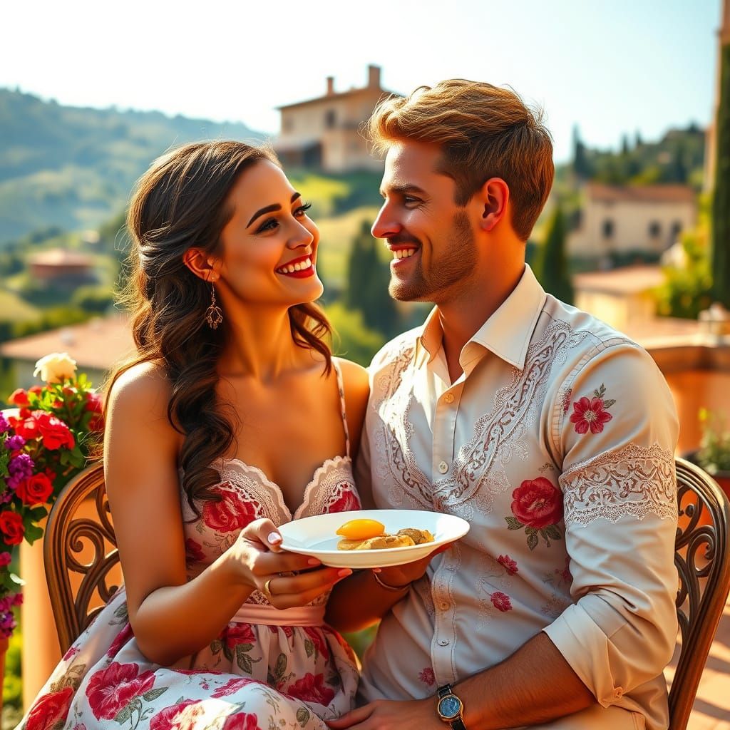 Young Tradwife Savoring Breakfast in Italian Countryside