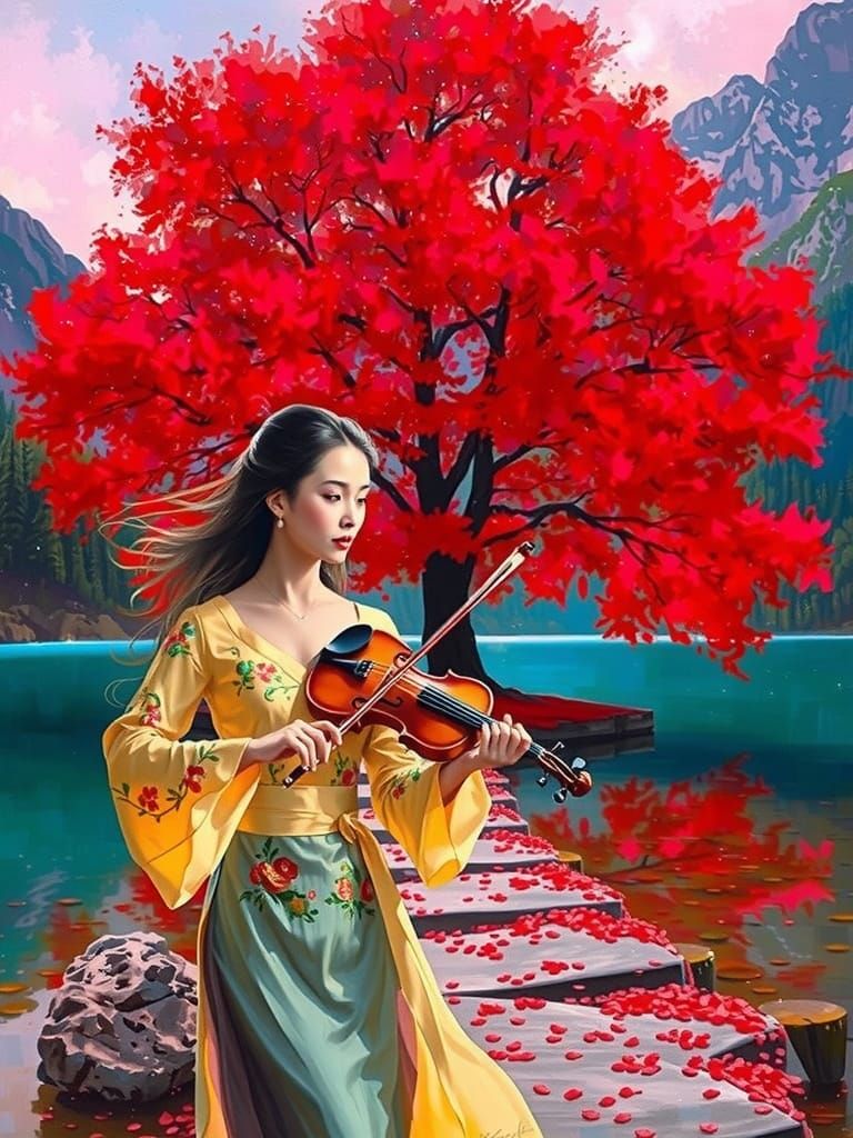 Serenely Elegant Lady Plays Violin by Tranquil Lake in Impas...