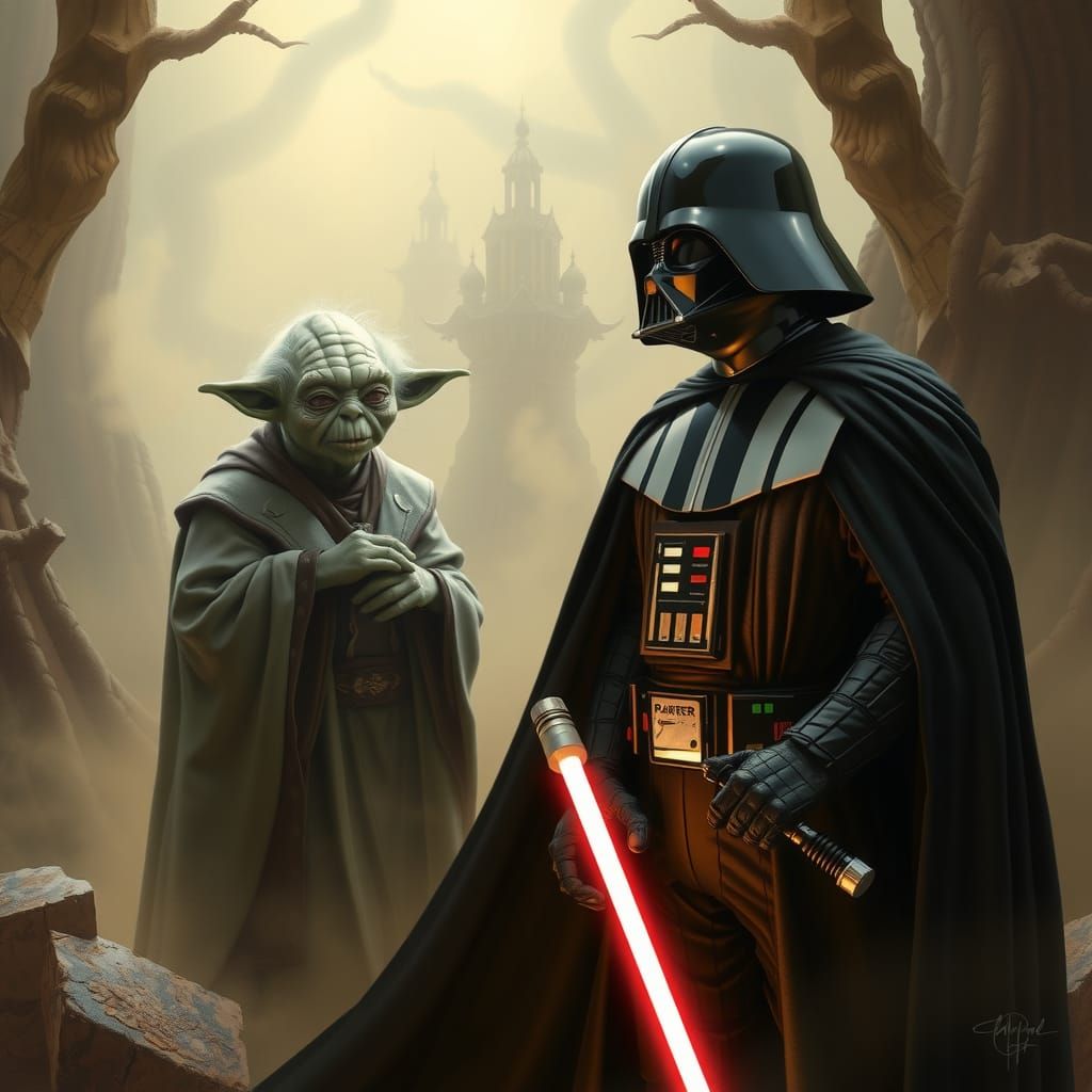 Darth Vader Confronts Yoda in Mystical Fantasy Setting