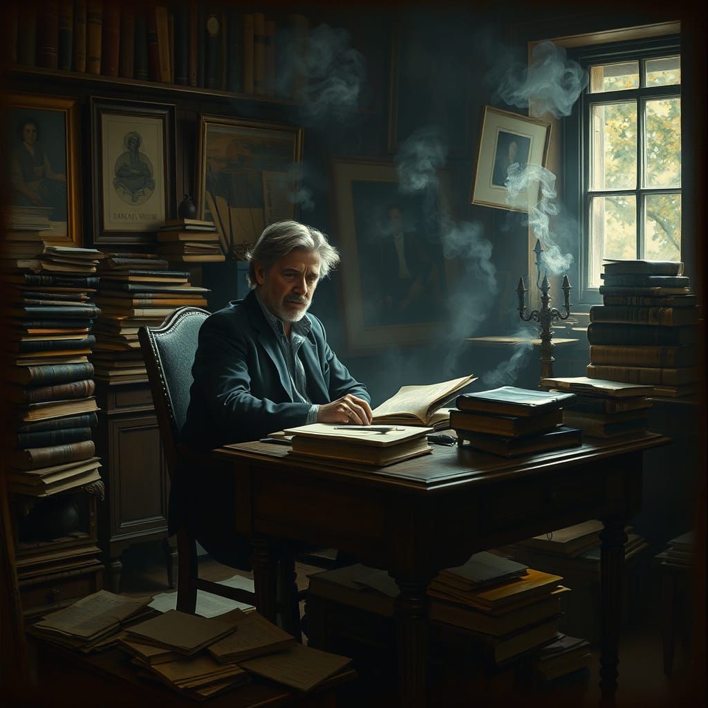 Poet at Desk in a Smoke-Filled Room: Painterly Style