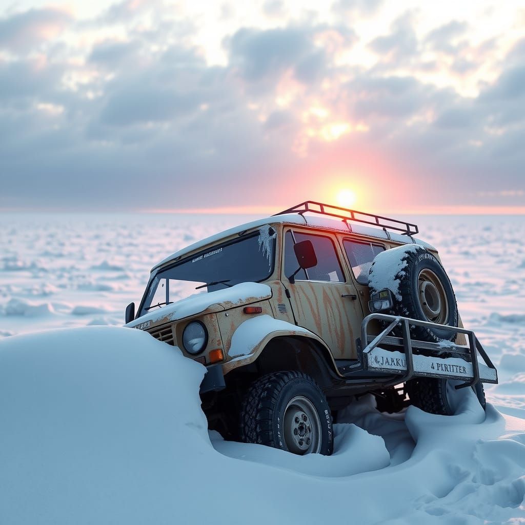 Weathered UAZ Buchanka in Siberian Tundra Sunset