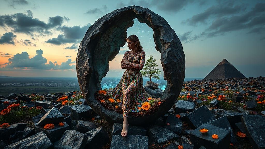 Woman Sculptor in Abstract Creation, Bioluminescent Oasis