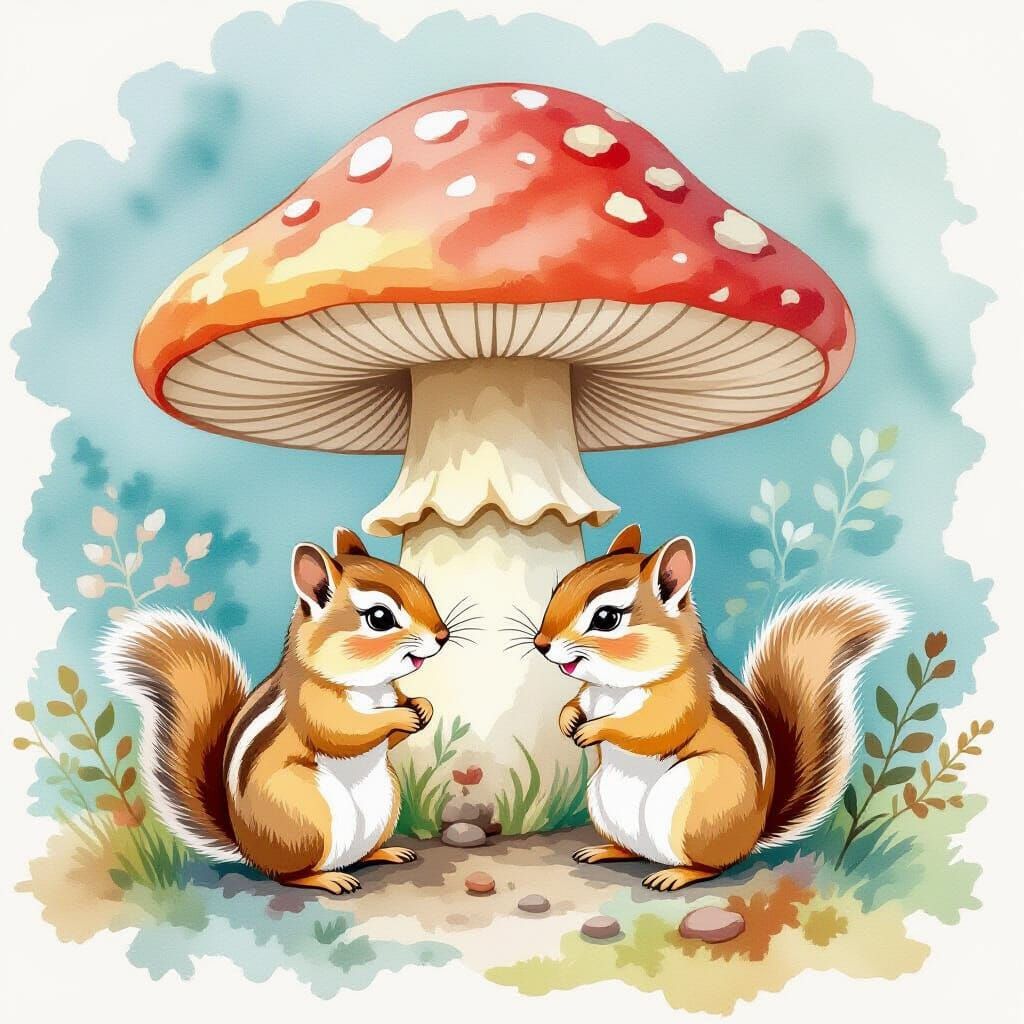 Chipmunks Playing Under Mushroom in Watercolor Style
