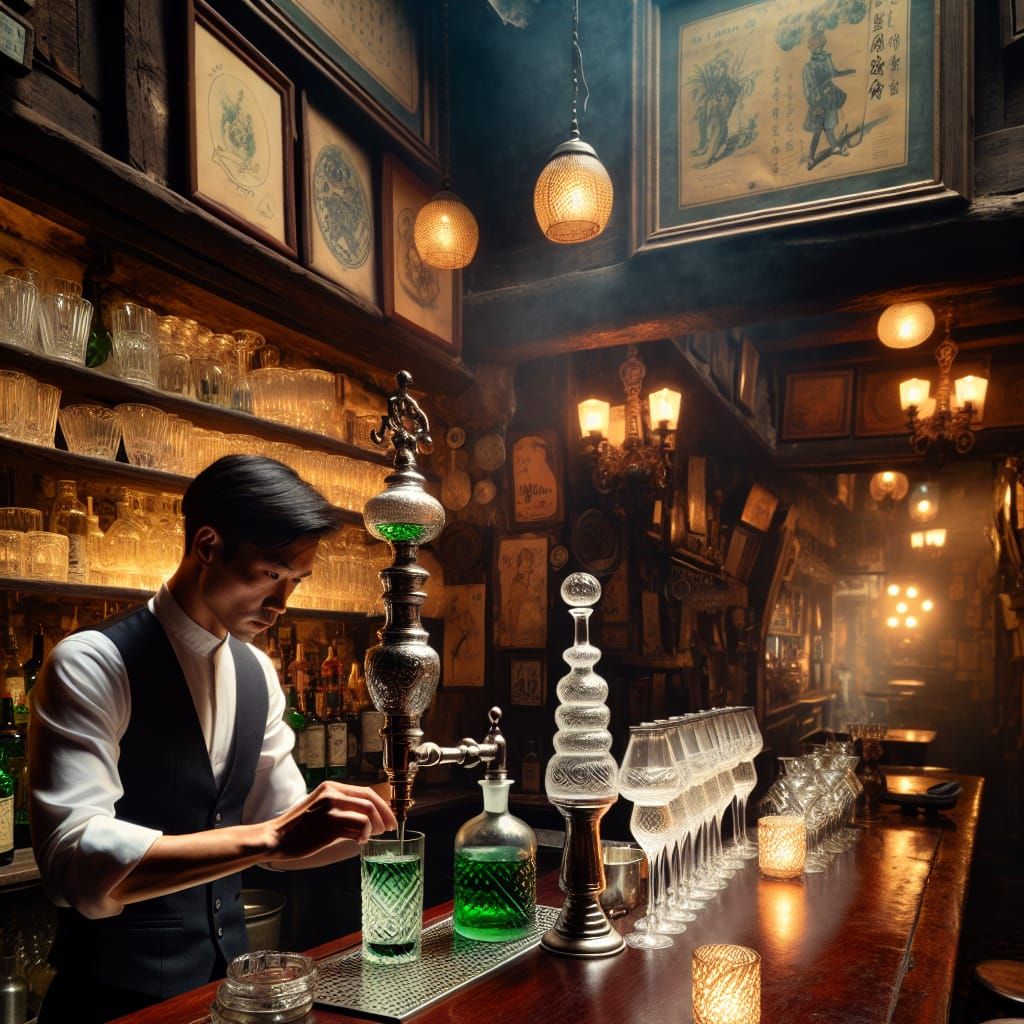 East Asian Mixologist Prepares Absinthe in Dimly Lit Bar