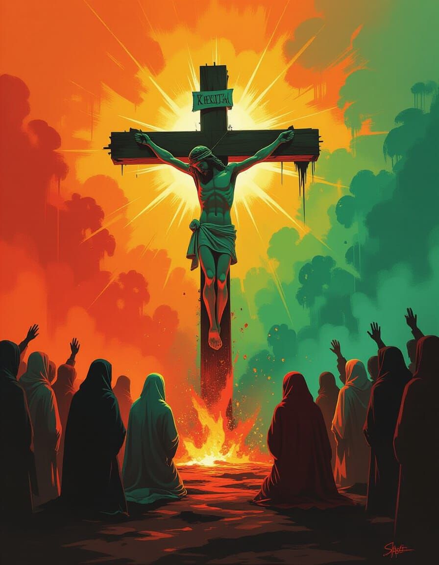 Vibrant Cross Adoration in Graffiti Art Style