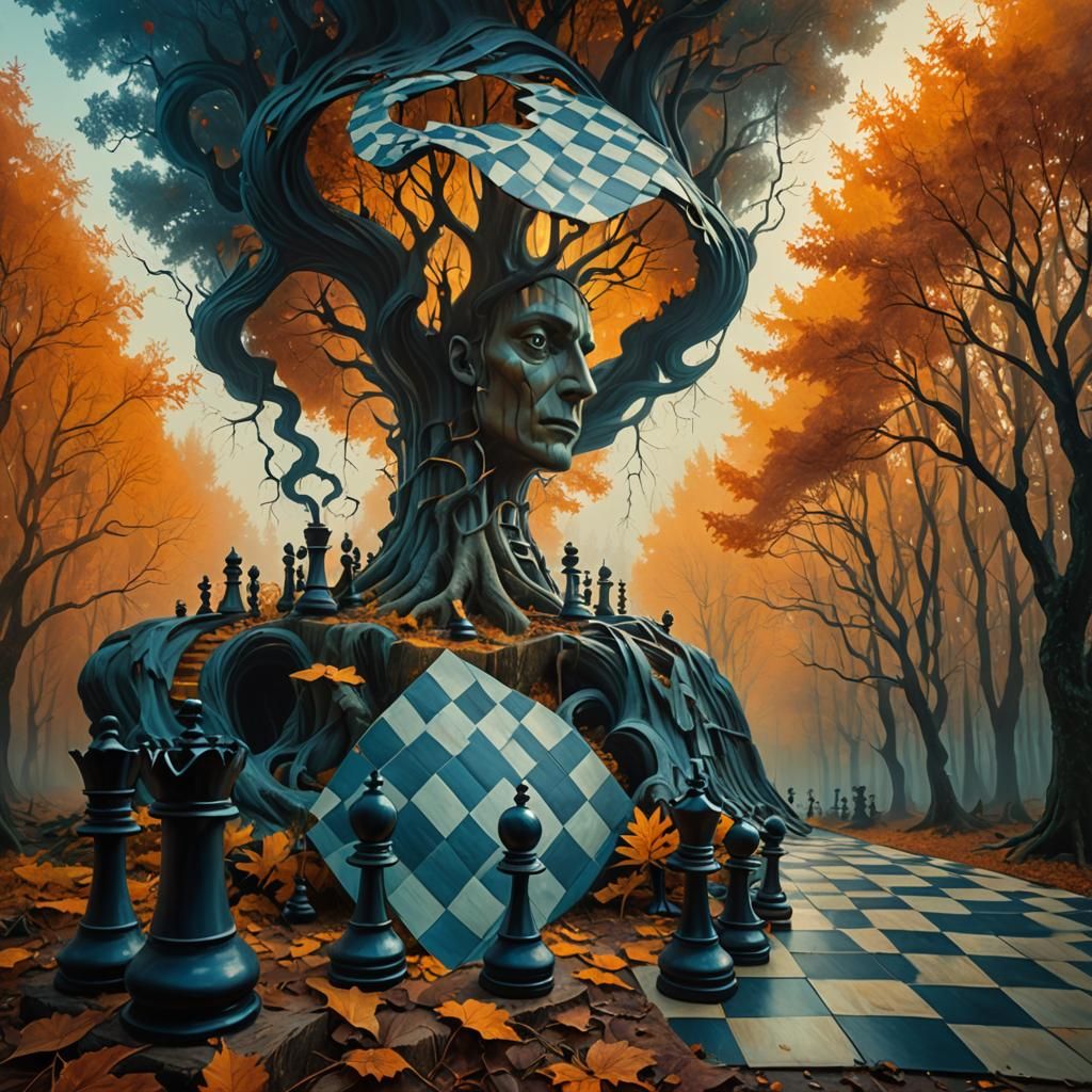 Surreal Autumn Chessboard in Dreamlike Forest Landscape