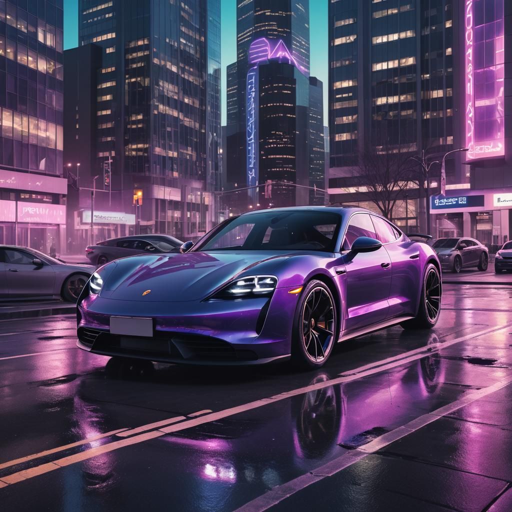 Porsche Taycan 4S in Neon Cyberpunk Cityscape