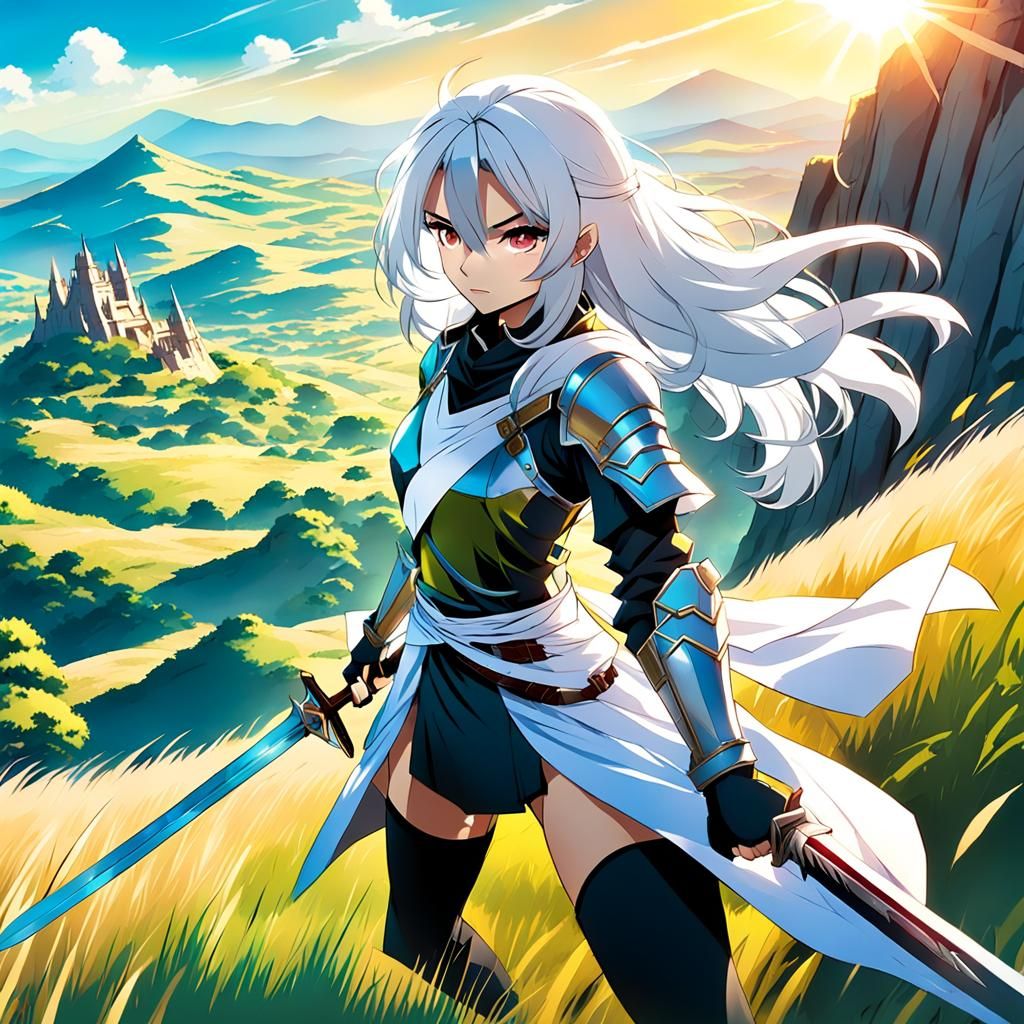 Anime Style White-Haired Adventurer on Sunny Hill
