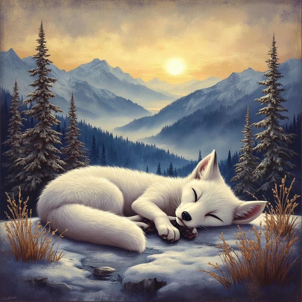 Surrealistic Winter Wonderland with a Slumbering Arctic Fox