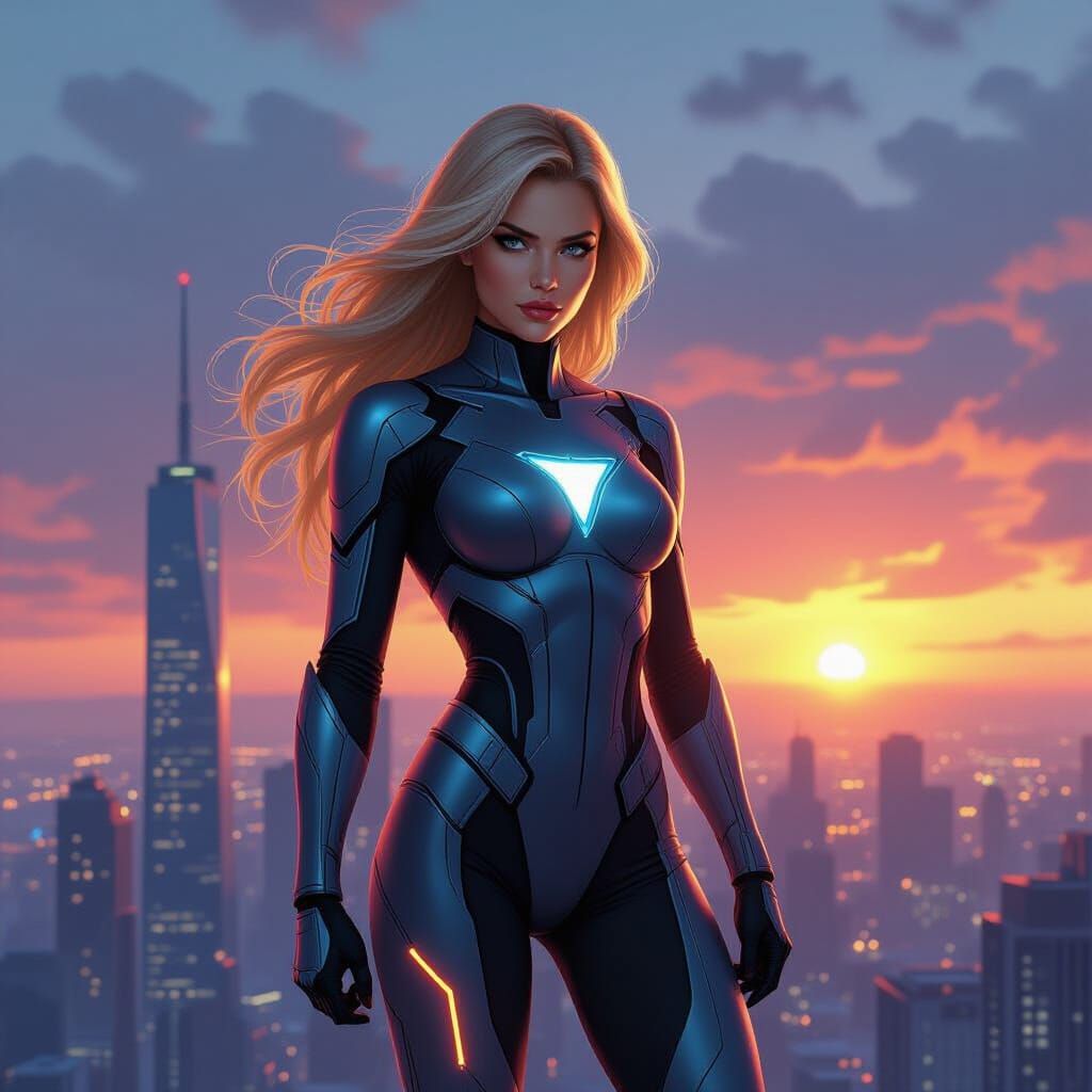 Superheroine Overlooking Cityscape Inspired by Comic Art