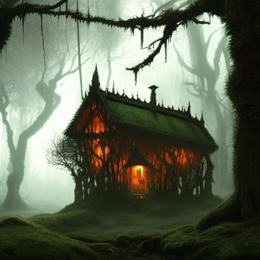 Dark Fantasy Forest Hut in Gothic Horror Style