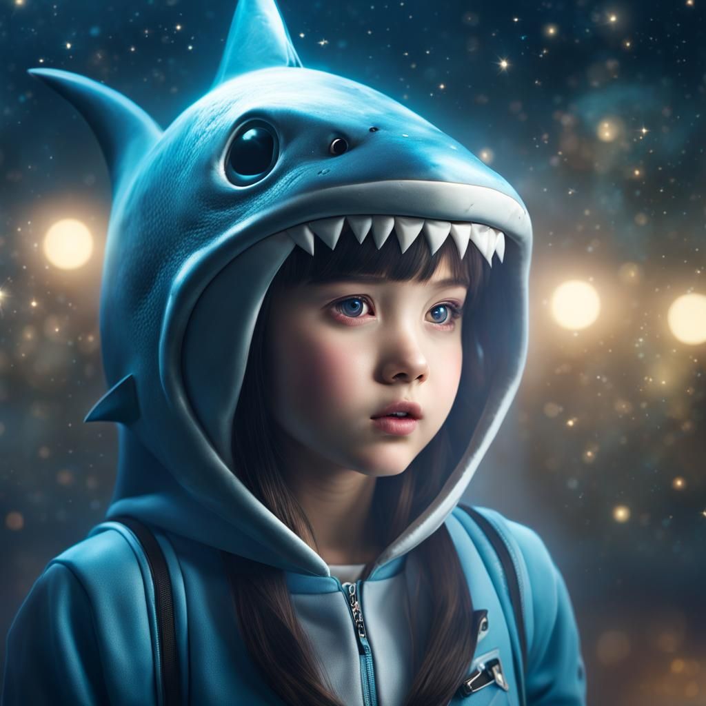 Whimsical Schoolgirl in Shark Costume in Dreamlike Haze