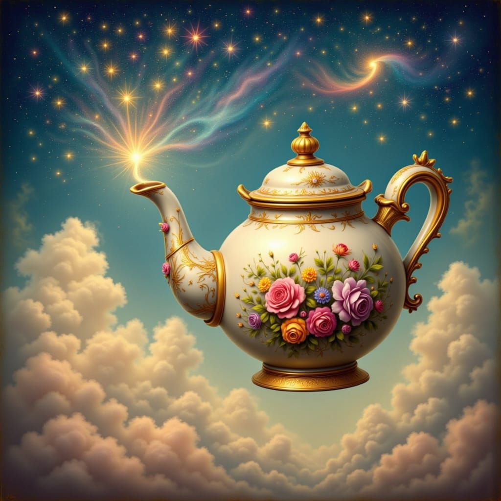 Whimsical Surrealist Oil Painting of a Giant Teapot Pouring ...