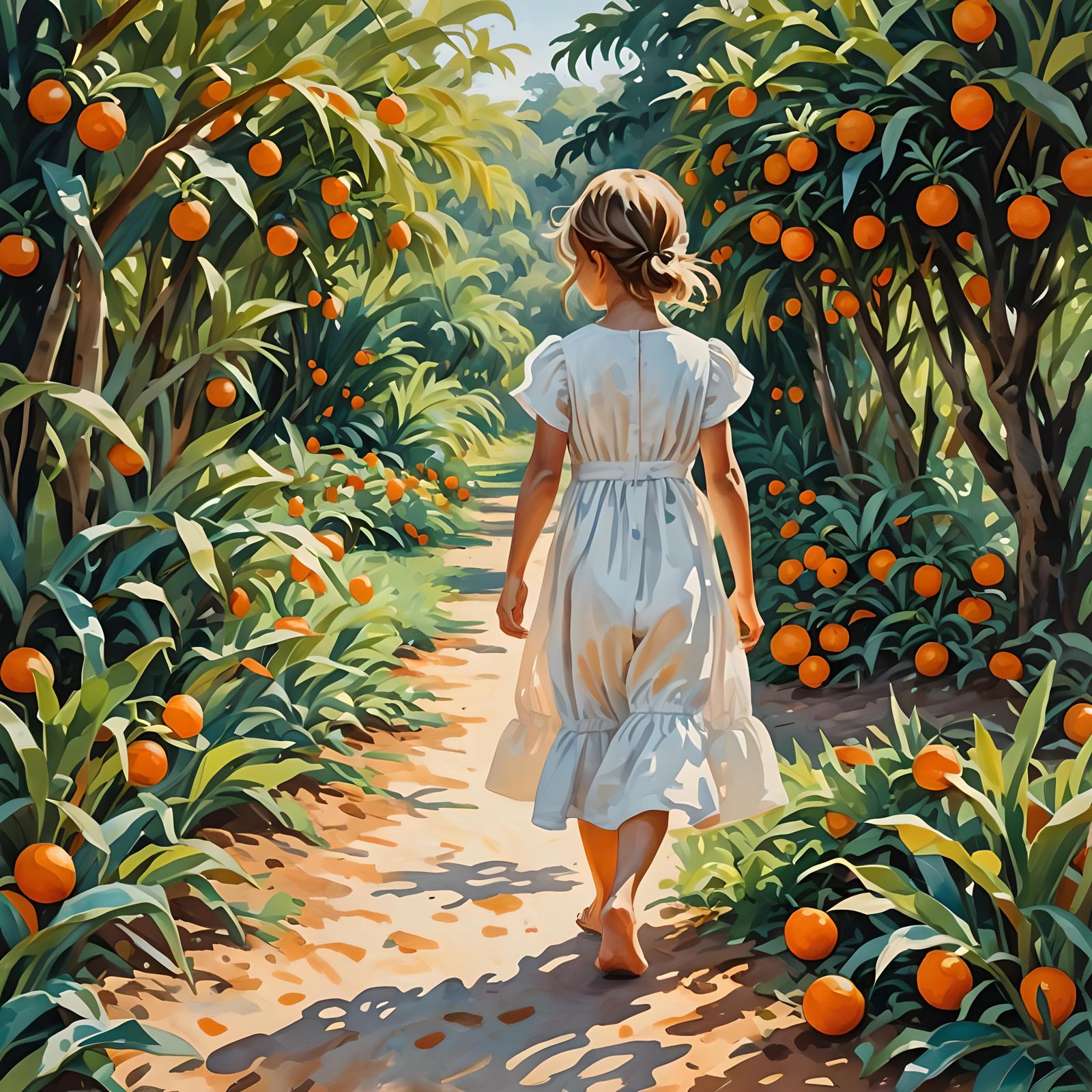 Childhood Memories in Orange Groves: Gouache Impressionism