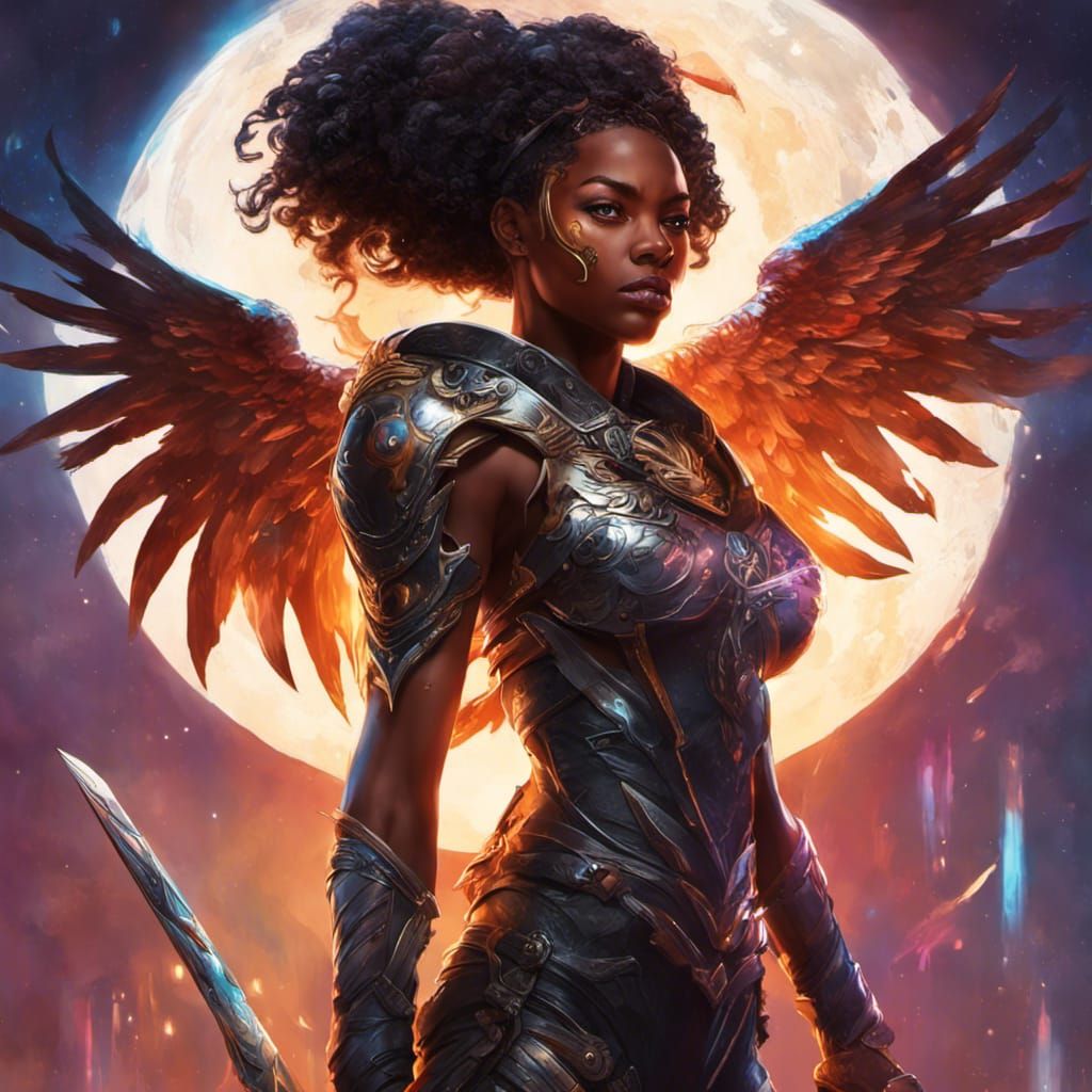 Crescent Moon Heroine with Phoenix: Hyperrealistic Art