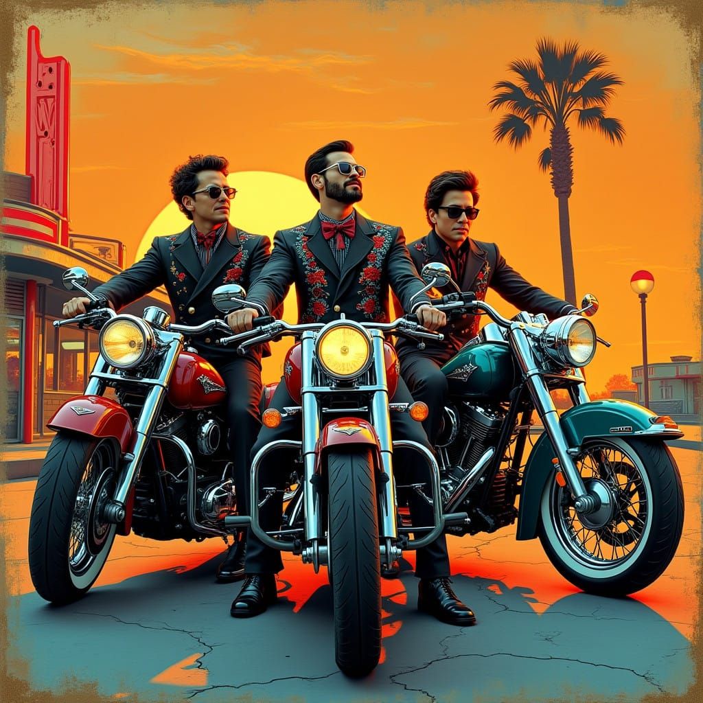 Rockabilly Rebels Pose with Motorcycles at Sunset