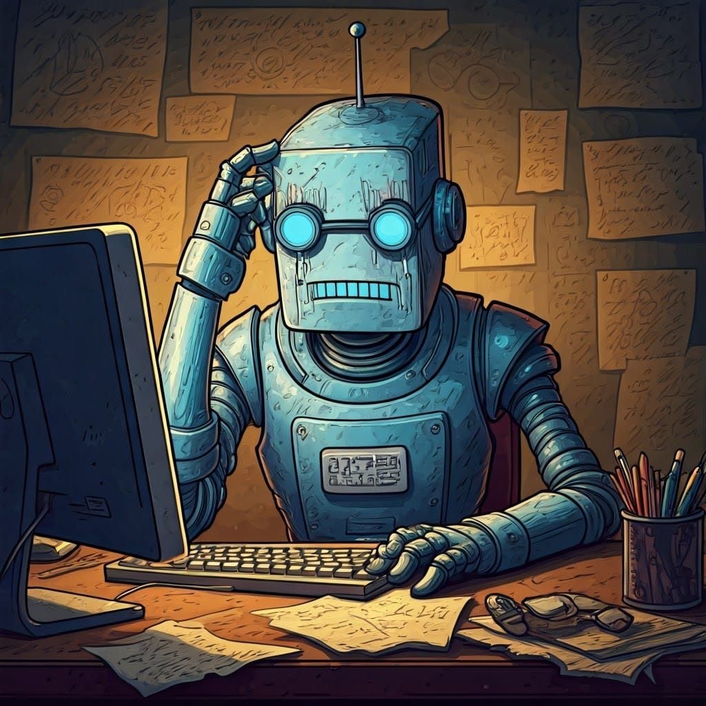 Disheveled Robot Contemplates CAPTCHA in Cartoon Style