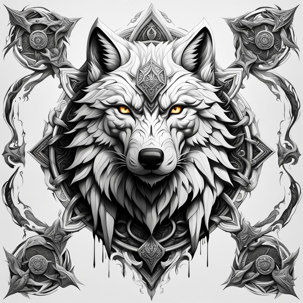Symmetrical Norse Wolf Tattoo in Deep Black and White