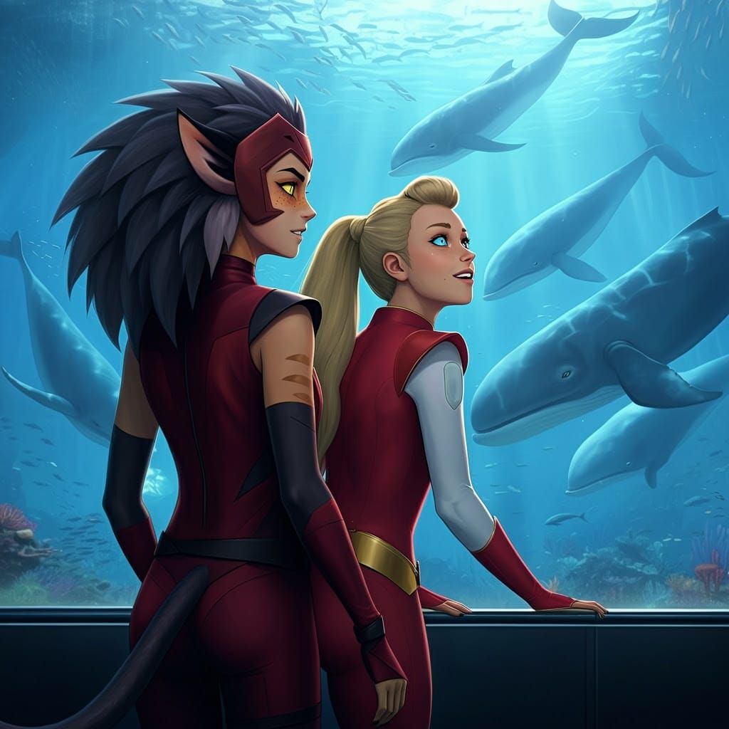 Hyper-Real Illustration of Catra and Adora at an Exotic Aqua...