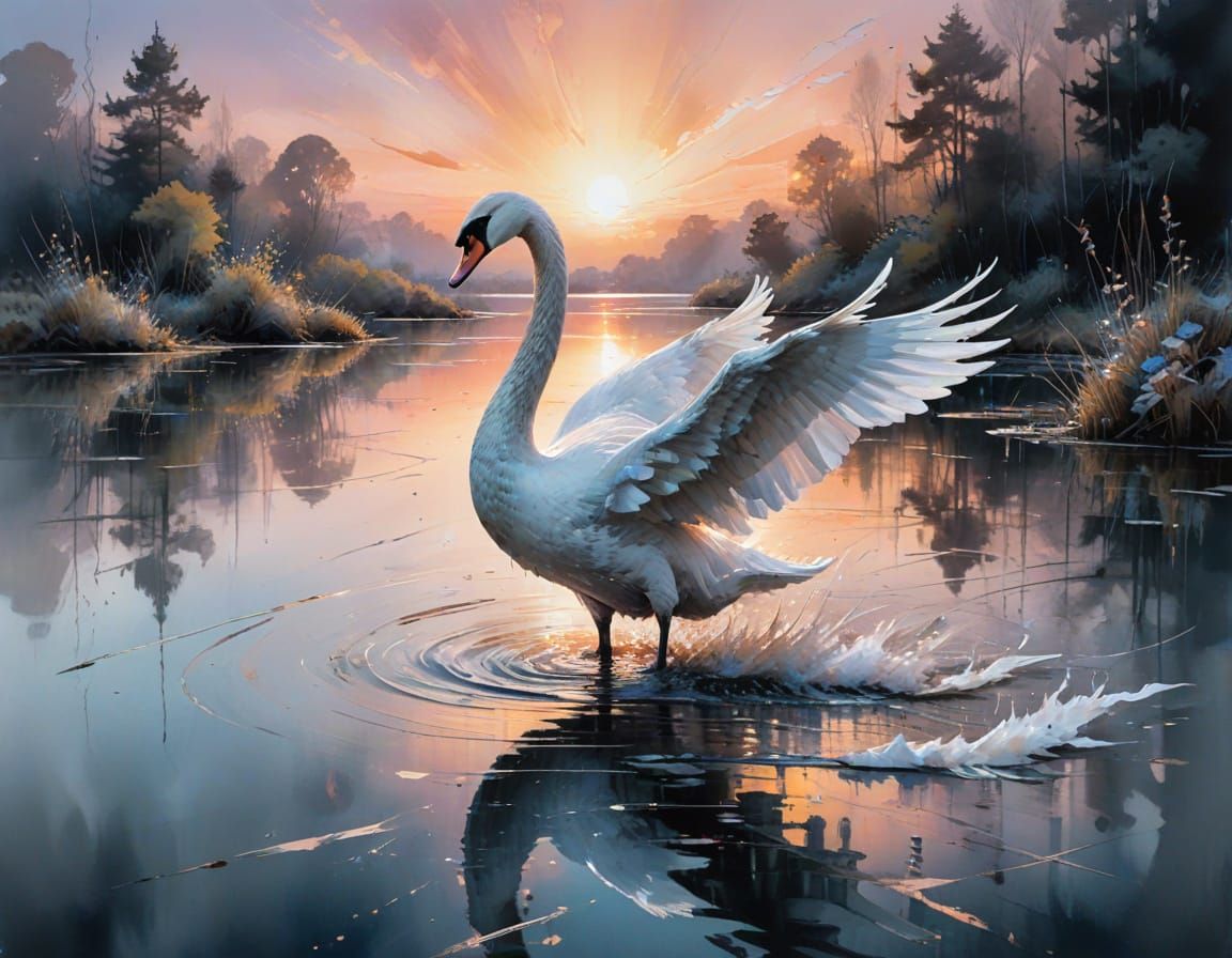 Swan Glides on Tranquil Lake: Watercolour and Texture Fusion